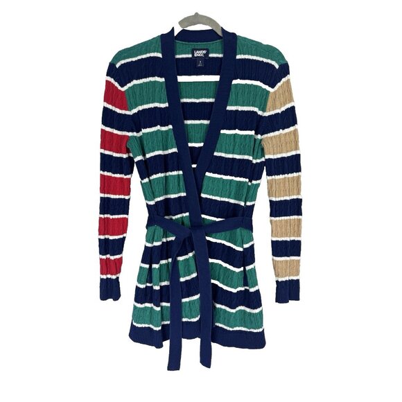 Lands End Women Small Cableknit Cardigan Stripe Academia Preppy Coastal Nautical - Picture 1 of 5